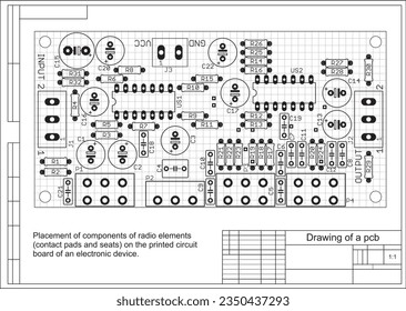 Placement of components of radio elements (contact
pads and seats) on the printed circuit
board of an electronic device.
Vector engineering 
drawing of a pcb. Electric background with grid. 