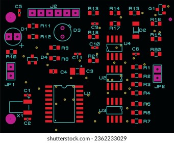 Placement of components of radio elements (contact pads and seats) on the printed circuit board of an electronic device. Vector engineering drawing of a pcb. Electric background