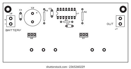 Placement of components of radio elements (contact pads and seats) on the printed circuit board of an electronic device. Vector engineering drawing of a pcb. Electric background