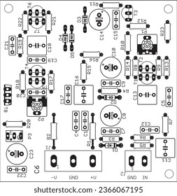 Placement of components of radio elements (contact pads and seats) on the printed circuit board of an electronic device. Vector engineering drawing of a pcb. Electric background