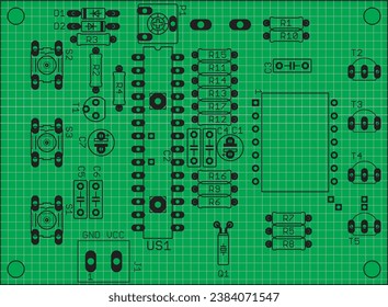 Anordnung der Bestandteile von Funkelementen (Kontakt
Pads und Sitze) auf der gedruckten Schaltung
Platine eines elektronischen Gerätes.
Vektorgrafik 
Zeichnung einer Karte. Elektrischer Hintergrund mit Gitter. 