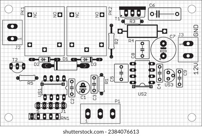 Anordnung der Bestandteile von Funkelementen (Kontakt
Pads und Sitze) auf der gedruckten Schaltung
Platine eines elektronischen Gerätes.
Vektorgrafik 
Zeichnung einer Karte. Elektrischer Hintergrund mit Gitter. 