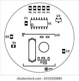 Placement of components of radio elements (contact pads and seats) on the printed circuit board of an electronic device. Vector engineering drawing of a pcb. Electric background.