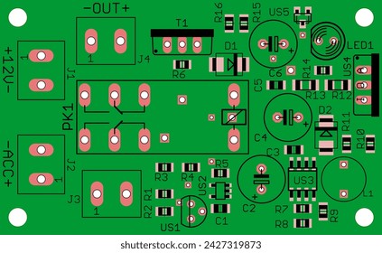 Placement of components of radio elements (contact pads and seats) on the printed circuit board of an electronic device. Vector engineering technical drawing. Pcb template. Electric background.