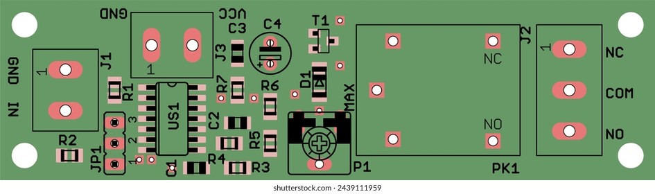 Placement of components of radio elements (contact pads and seats) on the printed circuit board of an electronic device. Vector engineering drawing of a pcb. Electric background.