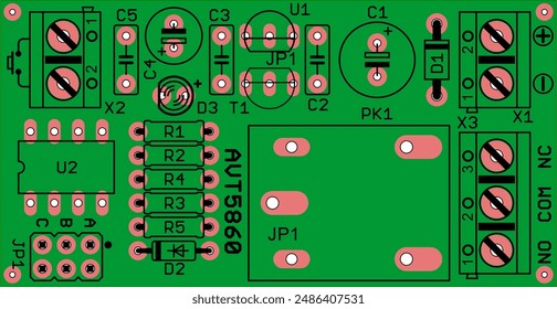 Placement of components of radio elements (contact
pads and seats) on the printed circuit
board of an electronic device.
Vector engineering 
drawing of a pcb. Electric background. 