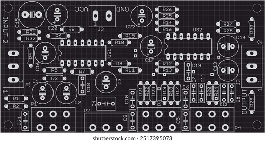 Placement of components of radio elements (contact
pads and seats) on printed circuit
board of electronic device.
Vector engineering 
drawing of pcb. Electric background. 
Computer technic cad design.