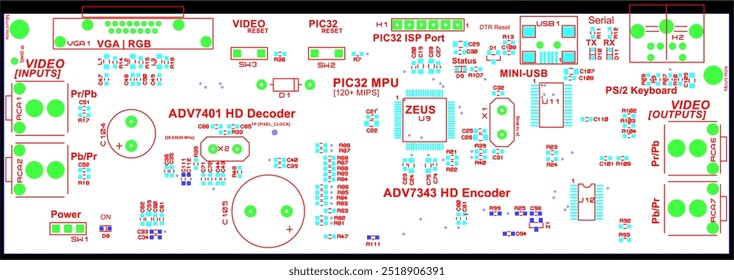 Placement of components of radio elements (contact
pads and seats) on printed circuit
board of electronic device.
Vector engineering 
drawing of pcb. Electric background. 
Computer technic cad design.