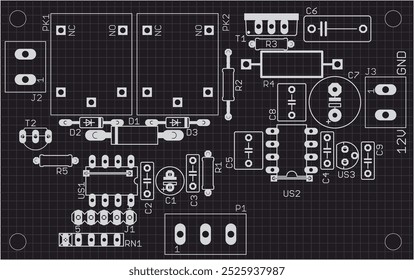 Placement of components of radio elements (contact
pads and seats) on printed circuit
board of electronic device.
Vector engineering 
drawing of pcb. Electric background with grid. 