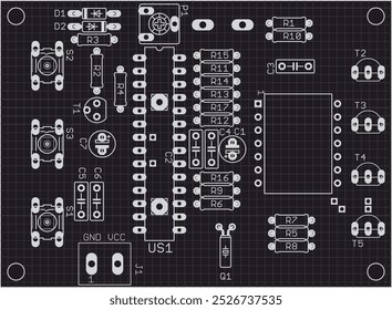 Placement of components of radio elements (contact
pads and seats) on printed circuit
board of electronic device.
Vector engineering cad
drawing of pcb. Technic computer electric background with grid.