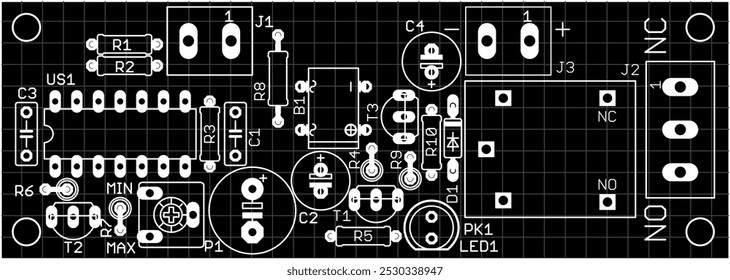 Placement of components of radio elements (contact
pads and seats) on printed circuit
board of electronic device.
Vector engineering 
drawing of pcb. Electric technic cad background with grid.