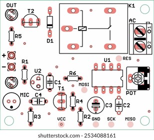 Placement of components of radio elements (contact pads and seats) on printed circuit board of electronic device. Vector engineering technical computer cad drawing of pcb. Electric background.