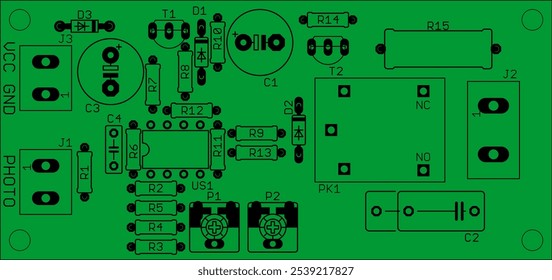 Placement of components of radio elements (contact
pads and seats) on printed circuit
board of electronic device.
Vector engineering drawing of pcb. 
Computer technic cad design.
Electric background.