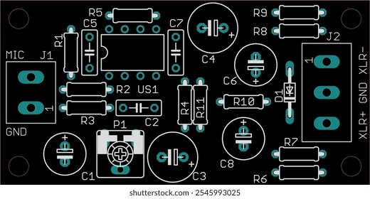 Placement of components of radio elements (contact
pads and seats) on printed circuit
board of electronic device.
Vector engineering computer cad 
drawing of pcb. Electric background.