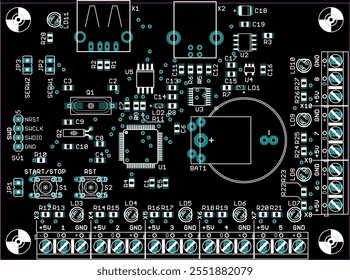 Placement of components of radio elements (contact
pads and seats) on printed circuit
board of electronic device.
Vector engineering 
drawing of pcb. Electric background. Computer technic cad design.