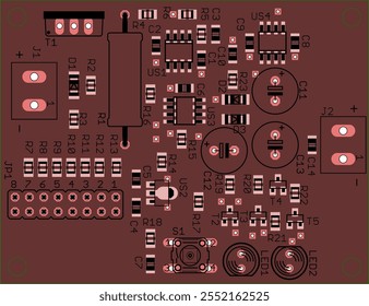 Placement of components of radio elements (contact
pads and seats) on printed circuit
board of electronic device.
Vector engineering 
drawing of pcb. Electric background. 
Computer technic cad design.