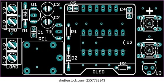 Placement of components of radio elements (contact
pads and seats) on printed circuit
board of electronic device.
Vector engineering 
drawing of pcb. Electric background. 
Computer technic cad design.