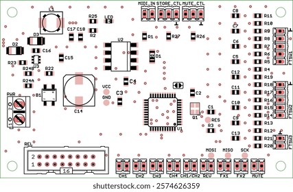 Placement of components of radio elements (contact
pads and seats) on printed circuit
board of electronic device.
Vector engineering 
drawing of pcb. Electric background. 
Computer technic cad design.