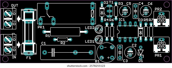 Placement of components of radio elements (contact
pads and seats) on printed circuit
board of electronic device.
Vector engineering 
drawing of pcb. Electric background. 
Computer technic cad design.