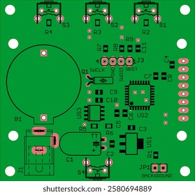 Placement of components of radio elements (contact pads and seats) on printed circuit board of electronic device. Vector engineering drawing of pcb. Electric background. Computer technic cad design.