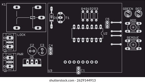 Placement of components of radio elements (contact
pads and seats) on printed circuit
board of electronic device.
Vector engineering 
drawing of pcb. Technic cad design. Electric background.