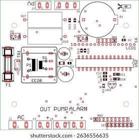 Placement of components of radio elements (contact
pads and seats) on printed circuit
board of electronic device.
Vector engineering 
drawing of pcb. Electric background. 
Computer technic cad design.