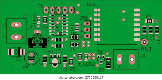 Placement of components of radio elements (contact
pads and seats) on printed circuit
board of electronic device.
Vector engineering 
drawing of pcb. Electric background. 
Computer technic cad design.