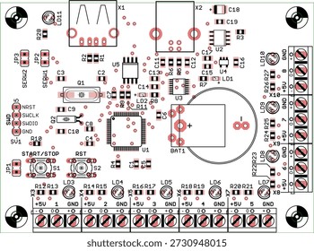 Placement of components of radio elements (contact
pads and seats) on printed circuit board of electronic device. Vector engineering drawing of pcb. Electric background. Computer technic cad design.