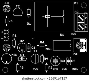 Placement of components seats of radio elements on printed circuit
board of electronic device.
Vector engineering technical computer cad
drawing of pcb. Template, layout of electric background. 