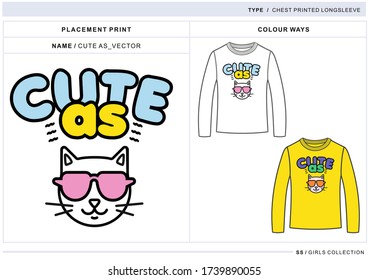 Placement print with slogan CUTE AS with cat face in sunglasses