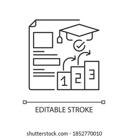 Placement tests pixel perfect linear icon. Qualifications improving. Examination students. Thin line customizable illustration. Contour symbol. Vector isolated outline drawing. Editable stroke