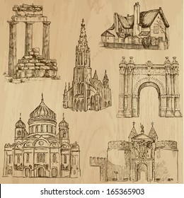 Places and Architecture around the World (no.10) - Collection of hand drawn illustrations (originals, no tracing). Each drawing comprises of two layers of outlines, the colored background is isolated.