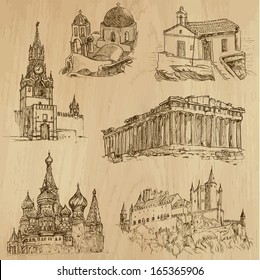 Places and Architecture around the World (no.11) - Collection of hand drawn illustrations (originals, no tracing). Each drawing comprises of two layers of outlines, the colored background is isolated.