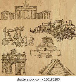 Places and Architecture around the World (set no.8)-Collection of hand drawn illustrations (originals, no tracing). Each drawing comprises of two layers of outlines,the colored background is isolated.