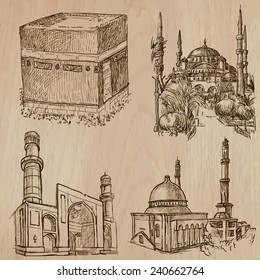 Places and ARCHITECTURE around the World (set no.29 - Islamic World). Hand drawn vectors. Drawing comprise three layers of lines, background is isolated. Editable in layers and groups.