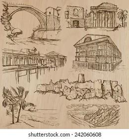 Places, ARCHITECTURE (set no.33). Collection of an hand drawn vector illustrations. Each drawing comprise three layers of lines, the colored background is isolated. Easy editable in layers and groups.