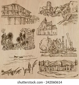 Places, ARCHITECTURE (set no.34). Collection of an hand drawn vector illustrations. Each drawing comprise three layers of lines, the colored background is isolated. Easy editable in layers and groups.
