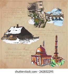 Places and ARCHITECTURE (set no.35) - Collection of an hand drawn vector colored illustrations. Each drawing comprise three layers of lines, background is isolated. Easy editable in layers and groups.