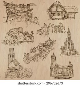 Places and ARCHITECTURE (set no.39) - Collection of an hand drawn vector illustrations. Each drawing comprise three layers of lines, the colored background is isolated. Easy editable.
