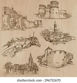 Places and ARCHITECTURE (set no.43). Pack of an hand drawn vector illustrations. Each drawing comprise three layers of lines, colored background is isolated. Editable. Focus on: Medieval architecture
