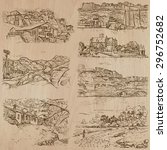 Places and ARCHITECTURE (set no.45) - Collection of an hand drawn vector illustrations. Each drawing comprise three layers of lines, the colored background is isolated. Easy editable.