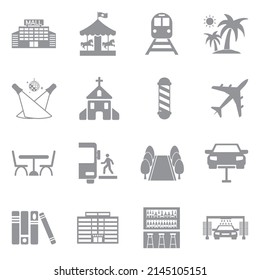 Places Icons. Gray Flat Design. Vector Illustration.