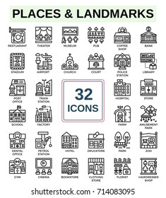 Places and Landmarks of line icon set