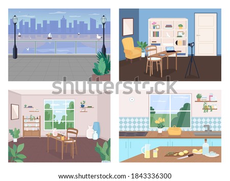 Places for recreation flat color vector illustration set. Urban landscape with skyline. Pottery classroom. Cook in kitchen. Studio 2D cartoon interior with furniture on background collection