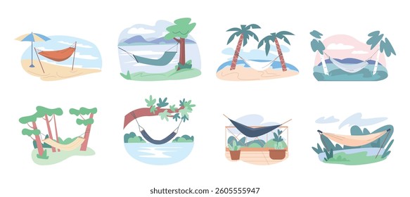 Places for rest with hammocks. Outside resting areas on beach, on terrace, in forest on meadow, near lake or river. Tourism on nature, vector scenes