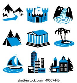 places for tourism and relaxation. A set of vector icons in two colors