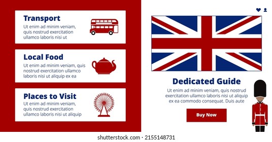 Places to visit in England, your dedicated guide, transport and local food recommendations and tips for visitors and travelers. Guidebook showing culture and peculiarities. Vector in flat style