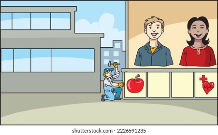 Placing an advertising billboard, vector illustration