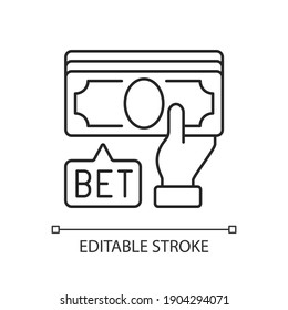 Placing bet linear icon. Gambling act. Betting money on sport events. Making wager on outcome. Thin line customizable illustration. Contour symbol. Vector isolated outline drawing. Editable stroke