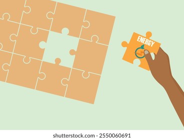 Placing Energy Puzzle Piece. hand placing a puzzle piece labeled 'energy' into a larger puzzle, symbolizing energy solutions and sustainability. Vector illustration